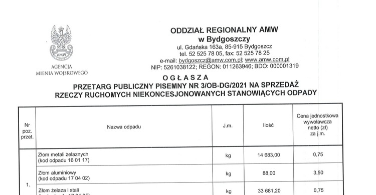 PRZETARG PUBLICZNY PISEMNY NA SPRZEDAŻ  RZECZY RUCHOMYCH NIEKONCESJONOWANYCH  - zdjęcie