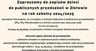 Zapraszamy do zapisów dzieci do publicznych przedszkoli w Złotowie